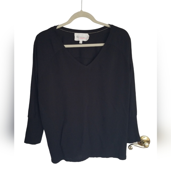 Two by Vince Camuto Black V  Neck Long Sleeve Top Modal Cotton Blend Size Medium - Picture 1 of 11